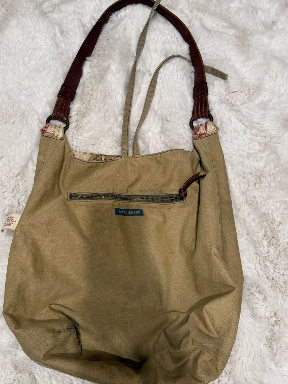 Lucky Brand Tan Canvas Shoulder Bag with Brown Suede Handles